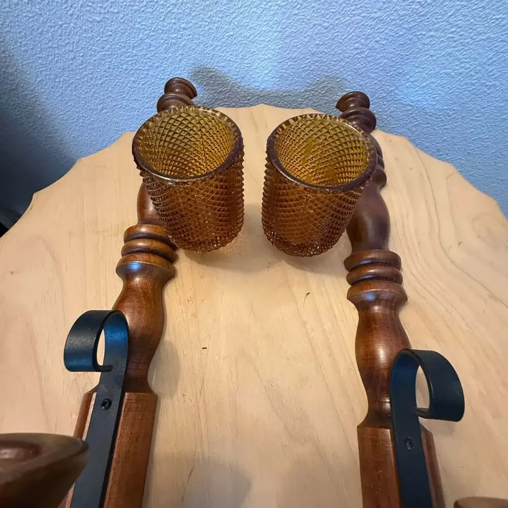 Vintage Wood and Metal Wall Sconces with Amber Diamond Point Glass Votives